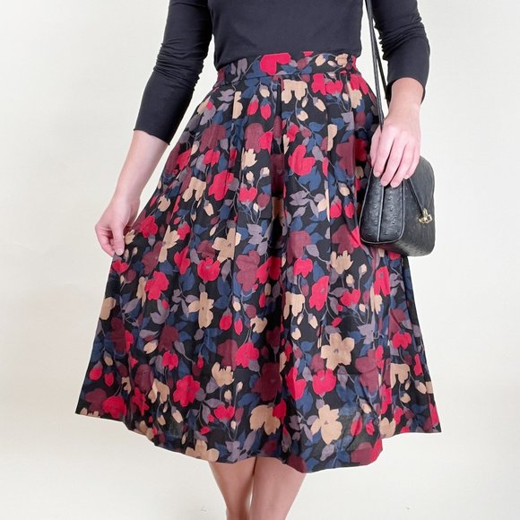 Vintage Dresses & Skirts - Vintage Liberty of London Dark Floral Print Pleated High Rise Midi Skirt Preppy